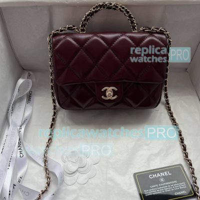 Copy Chane1 Mini Flap Bag with Top Handle Burgundy Color